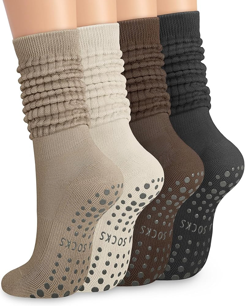 YSense 4 Pairs Pilates Socks with Grips for Women Non Slip Long Slouch Socks Yoga Grippy Sock Slo... | Amazon (US)