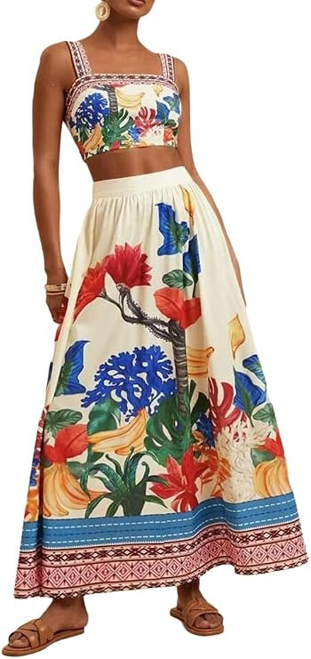 THLAI Skirt Sets Women 2 Piece Outfits Tropical Floral Print Crop Top and A-line Maxi Skirt Summe... | Amazon (US)