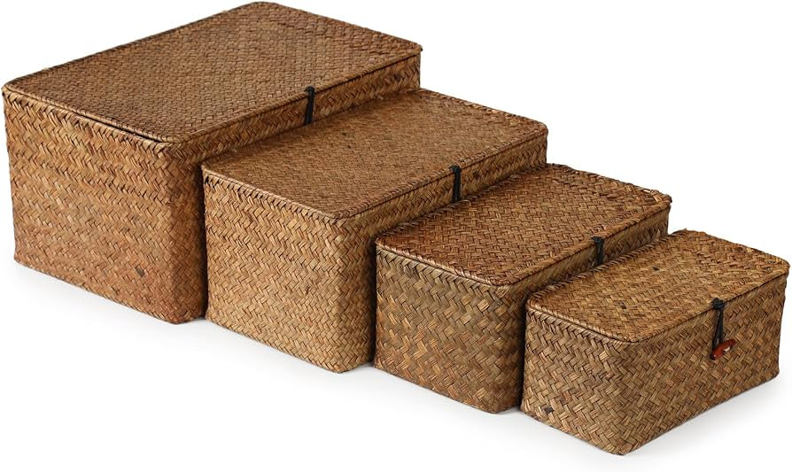 4 Pack, Wicker Baskets with Lids, Natural Seagrass Storage Baskets, Woven Rectangular Basket Bins... | Amazon (US)