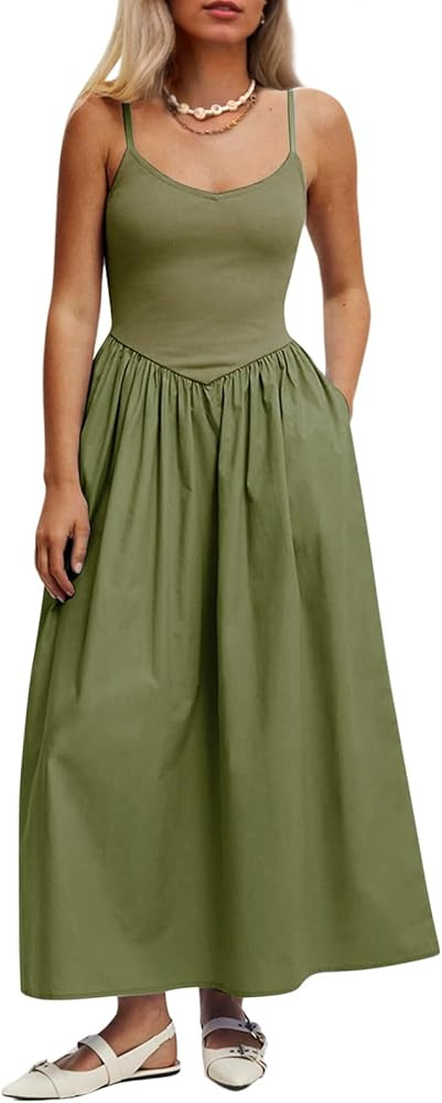 Women’s Sleeveless V-Neck Maxi Dress with Pockets – Slim Fit Casual Summer Spaghetti Strap Dr... | Amazon (US)