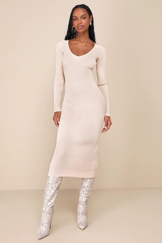 Everyday Beauty Beige Long Sleeve Ribbed Knit Sweater Dress | Lulus