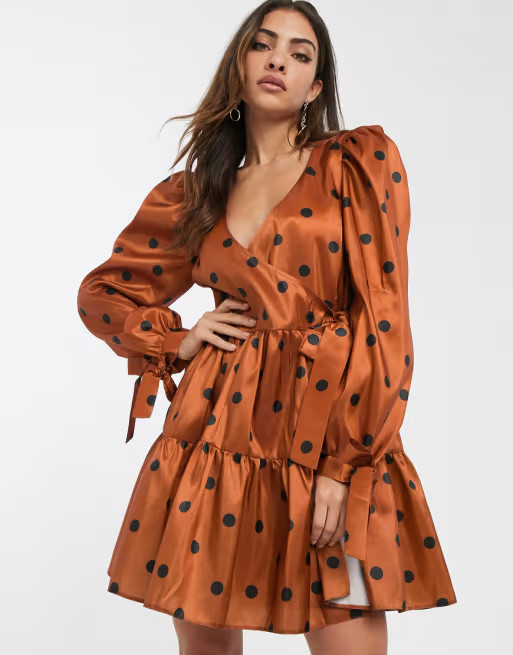 ASOS DESIGN wrap front smock mini dress in taffeta in spot | ASOS | ASOS (Global)