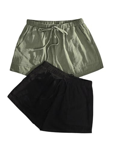 SweatyRocks Women's 2 Pack Linen Shorts with Pocket High Waist Wide Leg Summer Shorts Green and Black Small | Amazon (US)