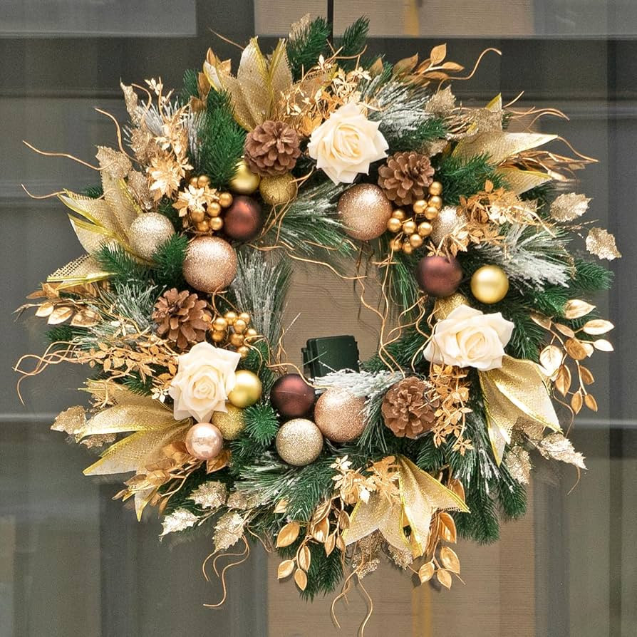 Christmas Wreaths for Front Door with Lights Pre-Lit, Soomeir 24“ Champagne Gold Door Wreath wi... | Amazon (US)