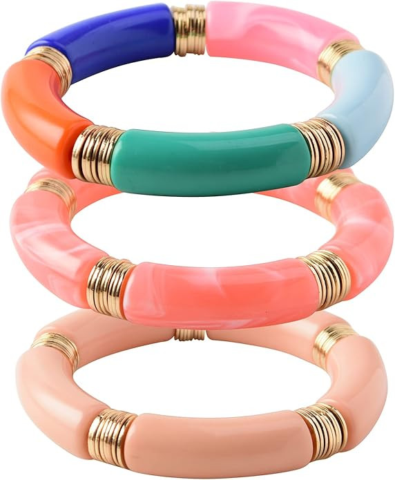 GOOJIDS Simple Beaded Gold Plated Bangles Bracelet Chunky Bamboo Tube Curved Stacking Clear Acryl... | Amazon (US)