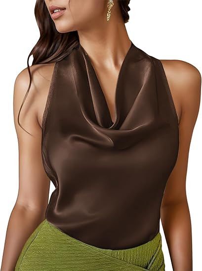 Cowl Neck Halter Tops for Women Silk Satin Going Out Tank Top Trendy Summer Camisole Business Cas... | Amazon (US)