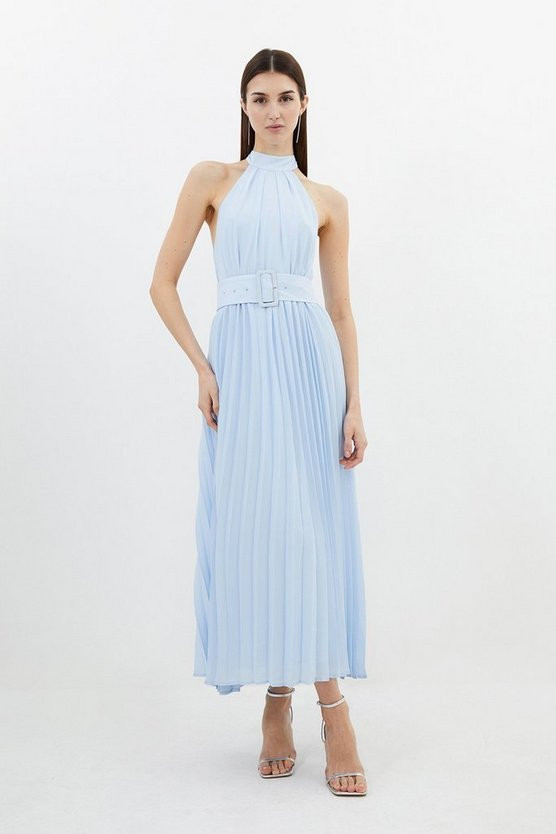 Georgette Belted Pleated Midi Dress | Karen Millen US