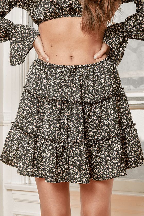 Picture Us Black Satin Floral Print Tiered Drawstring Mini Skirt | Lulus (US)