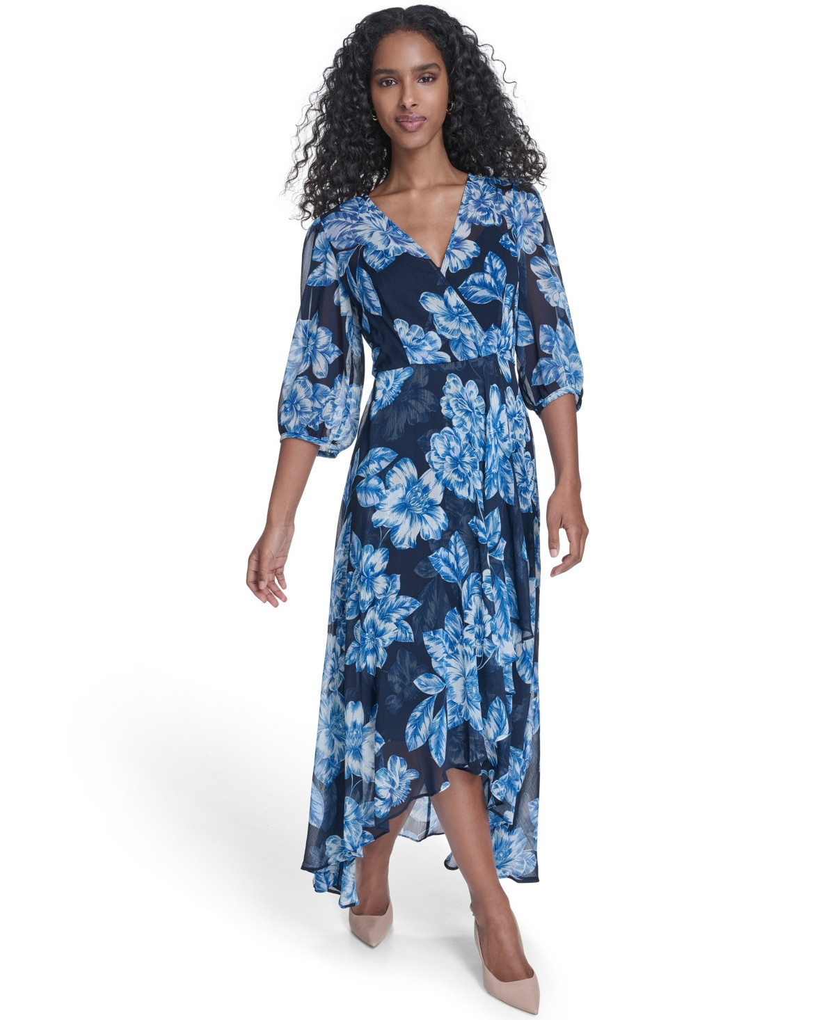 Calvin Klein Women's Balloon-Sleeve Faux Wrap Dress - Indigo Multi | Macy's