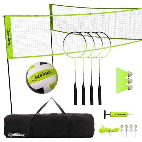 Triumph Sports 4-Square Combo Volleyball/Badminton Set for Backyard, 2-in-1 Lawn Game Set with 4 Badminton Rackets, 3 Shuttlecocks, Volleyball, Pump, 4-Square Net & Carry Bag | Amazon (US)