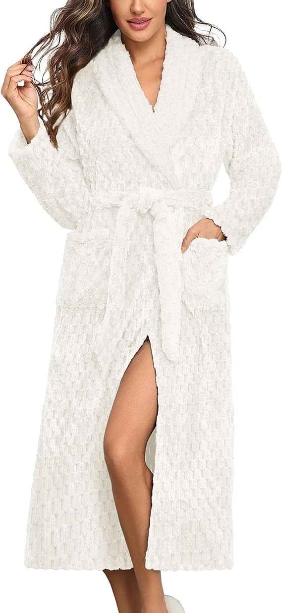 Ekouaer Women's Robe Long Plush Soft Bathrobe Jacquard Color Block Robes Shawl Collar Sleepwear w... | Amazon (US)