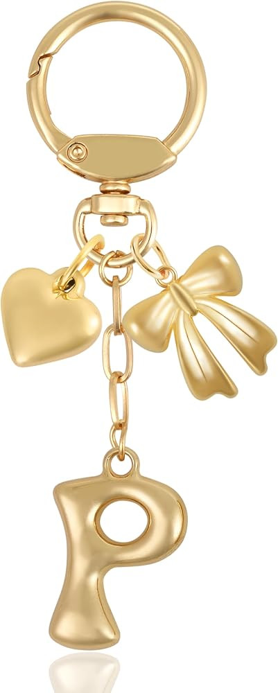 Gold Bubble Letter Keychain with Heart and Bow, Round Clasp Initial Bag Charm, Personalized Gift ... | Amazon (US)