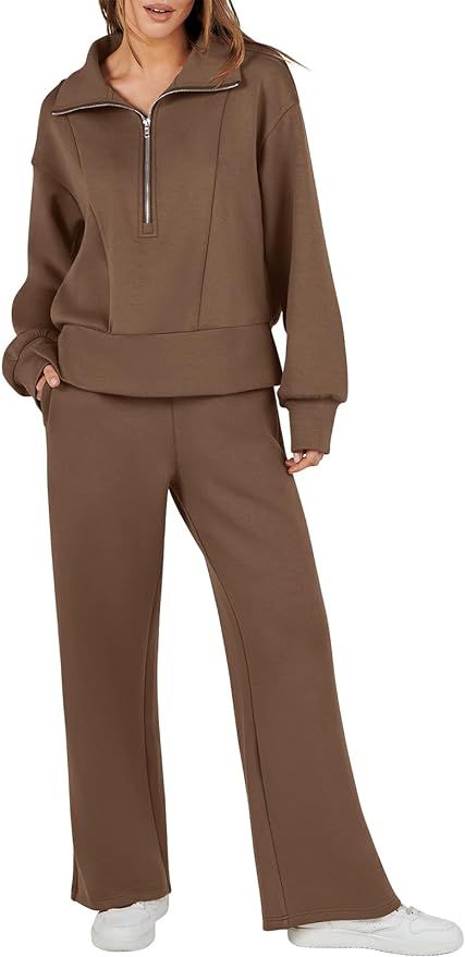ANRABESS Womens Two Piece Outfits 2023 Fall Sweatsuit Set Half Zip Cropped Sweatshirt Wide Leg Sw... | Amazon (US)