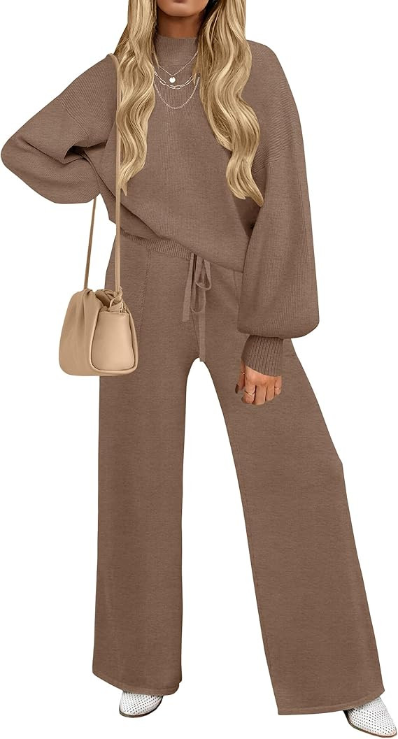 ZESICA Women's 2 Piece Outfits Sweater Set Long Sleeve Mock Neck Knit Pullover and Wide Leg Pants... | Amazon (US)
