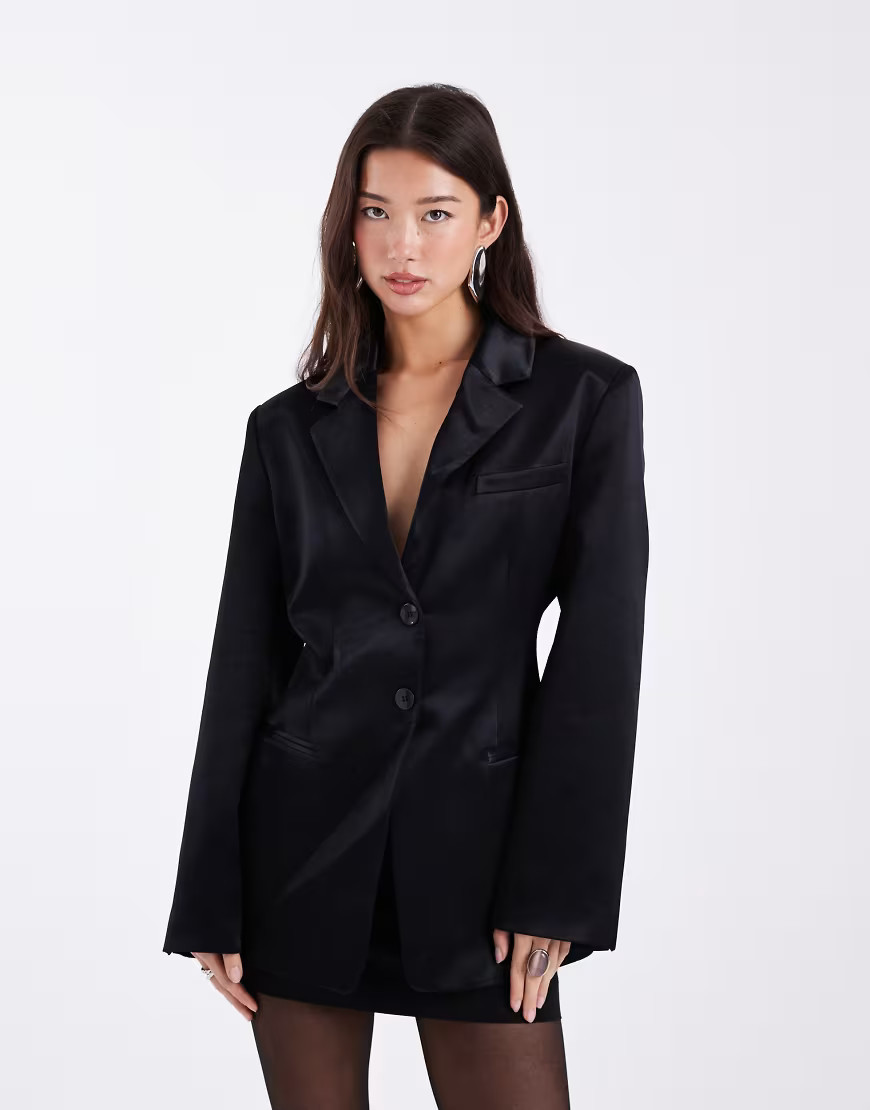 ASOS DESIGN cinched satin blazer in black | ASOS (Global)