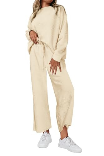 PRETTYGARDEN Womens 2025 Fall 2 Piece Outfits Long Sleeve Pullover Tops Wide Leg Pants Matching Lounge Sets Fashion Clothing (Beige,XX-Large) | Amazon (US)