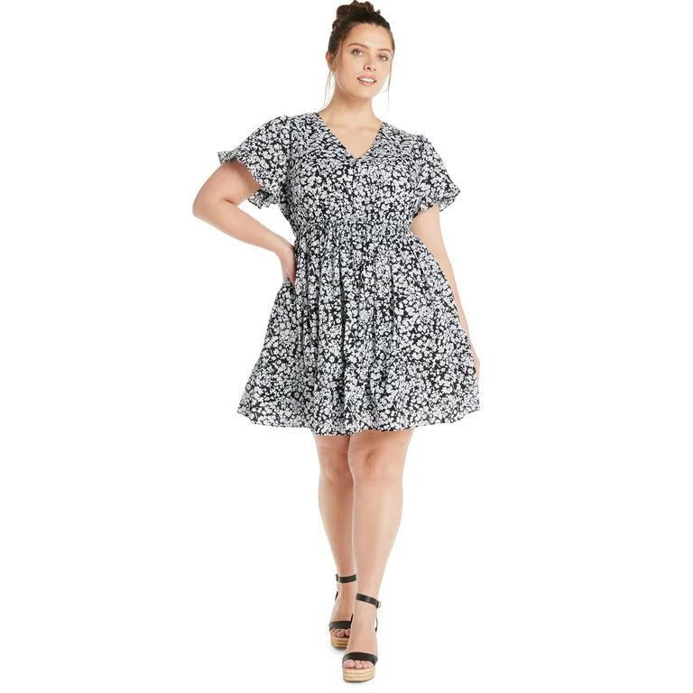 Terra & Sky Women's Plus Size Cotton V-Neck Woven Dress with Short Sleeves, Sizes 0X-5X - Walmart... | Walmart (US)