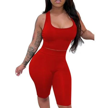 Lumento Women Casual Lounge Wear Outfits Sleeveless Solid Color Shorts + Crop Tops Sport Yoga Workou | Walmart (US)