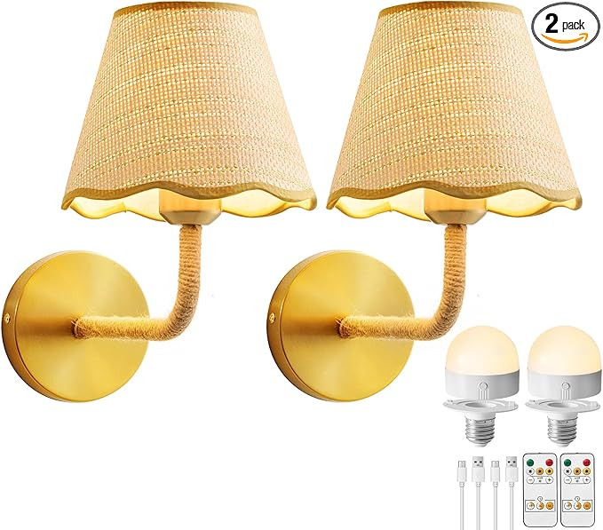 Battery Operated Rattan Wall Sconces Set of Tow, Wireless Rechargeable Battery Powered Wall Light... | Amazon (US)