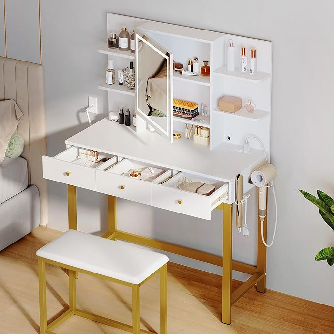 DWVO 39.5 W Makeup Vanity Desk Set with LED Lighted Mirror and Power Outlet, Adjustable 3 Lights ... | Amazon (US)