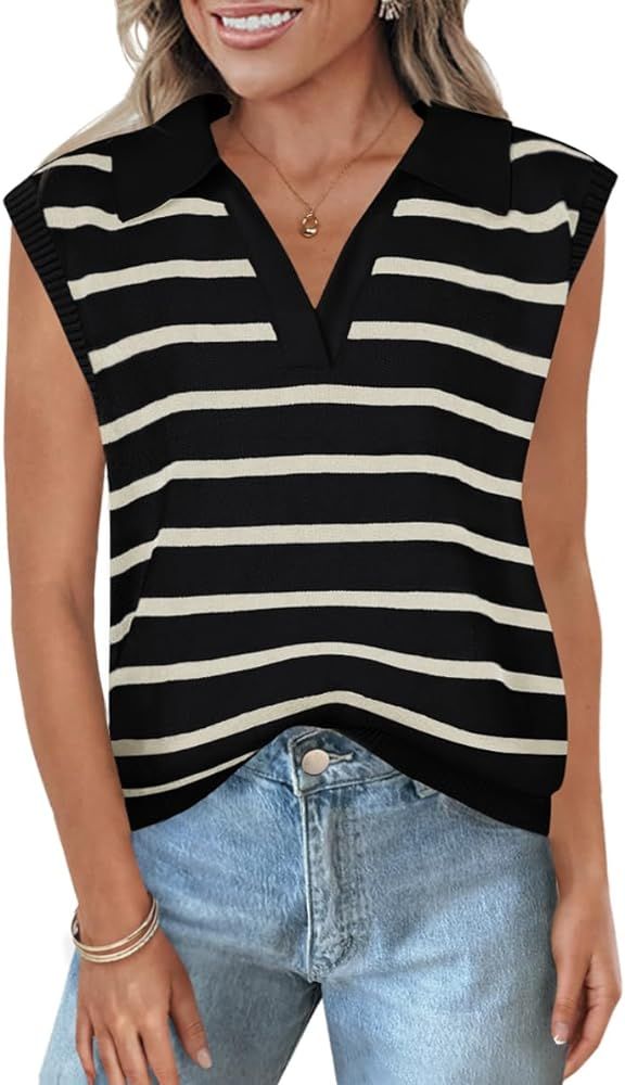 ZESICA Women's V Neck Striped Tops 2024 Summer Cap Sleeve Sweaters Sleeveless Pullover Blouse Spr... | Amazon (US)