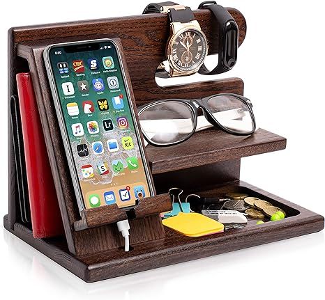 TESLYAR Wood Phone Docking Station Ash Key Holder Wallet Stand Watch Organizer Men Gift Husband W... | Amazon (US)