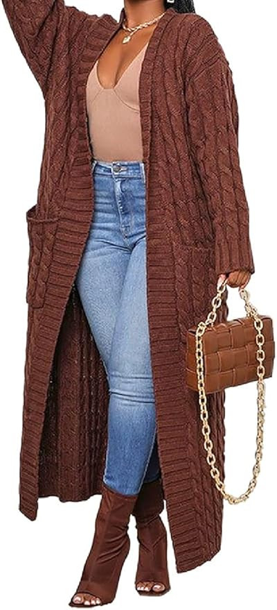 LIVECLOTH Womens Thin Type Stylish Cable Knit Dual Pocket Cardigan, Floor Length Maxi Cardigans W... | Amazon (US)