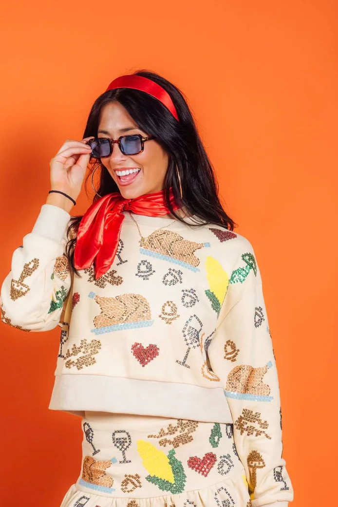 Tan Scattered Needlepoint Turkey Dinner Cropped Sweatshirt | Queen of Sparkles