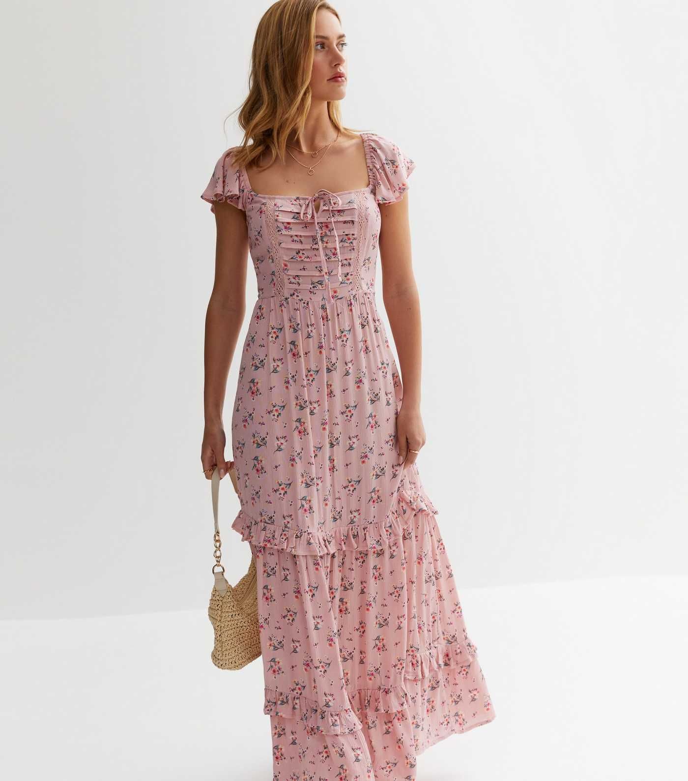 Pink Floral Square Neck Frill Maxi Dress
						
						Add to Saved Items
						Remove from Saved ... | New Look (UK)