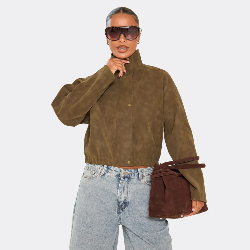 Funnel Neck Washed Jacket In Brown Faux Leather | EGO (UK)