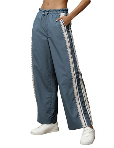 MINSURE Women Baggy Track Pants Lace Side Stripe Drawstring Elastic Waist Wide Leg Parachute Pants with Pockets(Bluegrey-M) | Amazon (US)
