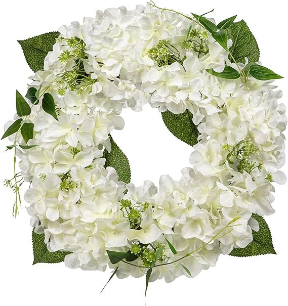 Briful Artificial Hydrangea Flower Wreath 16 ½in Spring White Silk Faux Hydrangea Wreath Small D... | Amazon (US)