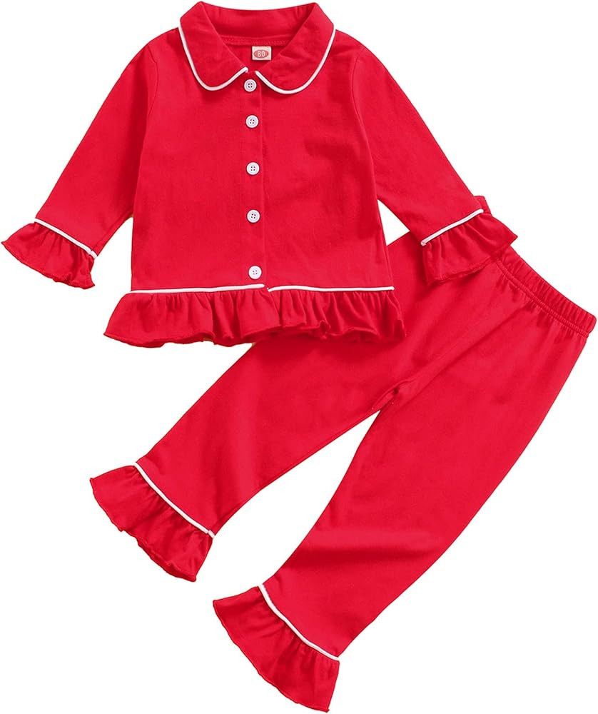 KMBANGI Toddler Baby Girl Two Piece Pajamas Set Long Sleeve Ruffle Button Down Pajamas Top Pants ... | Amazon (US)