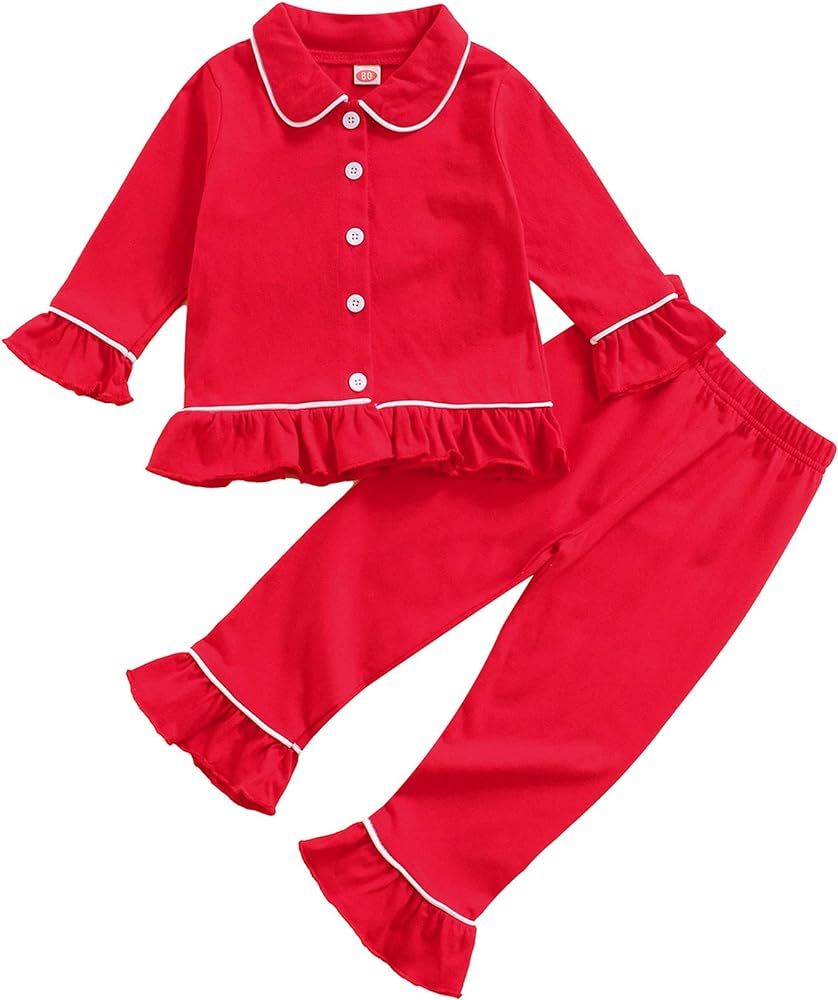 KMBANGI Toddler Baby Girl Two Piece Pajamas Set Long Sleeve Ruffle Button Down Pajamas Top Pants ... | Amazon (US)