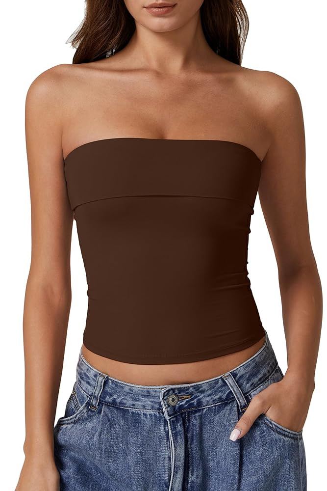QINSEN Women's Tube Tops Strapless Bandeau Tops Double Lined Slim Fit Summer Going Out Tank Tops | Amazon (US)