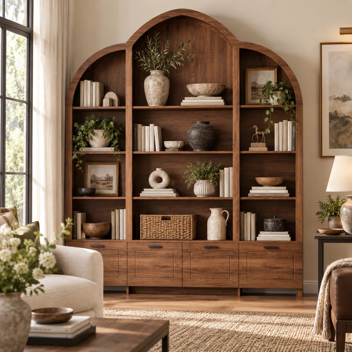 84" Tall Wide Bookcase with Doors, Open Display Shelves, and Dark Walnut Engineered Wood Finish | Wayfair North America
