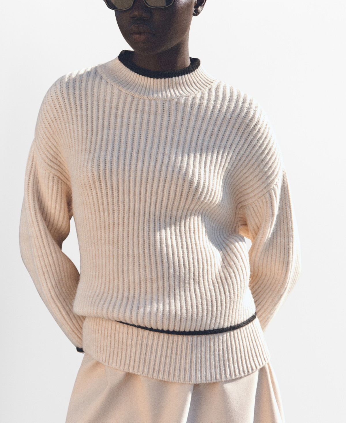 Mango Women's Contrasting Details Perkins Neck Jersey Sweater - Beige | Macy's