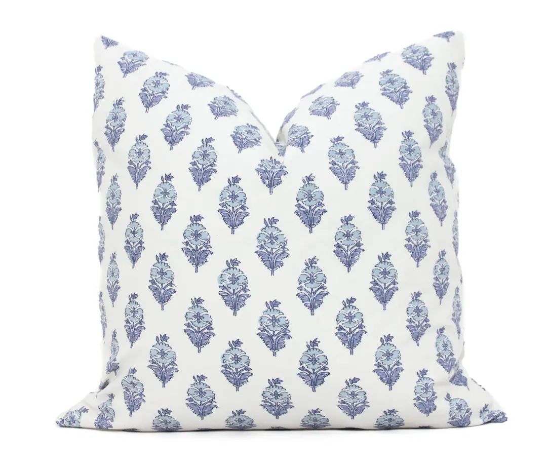 Blue Poppy Block Print Decorative Pillow Cover, 18x18, 20x20, 22x22, 24x24, 26x26,  lumbar pillow... | Etsy (US)