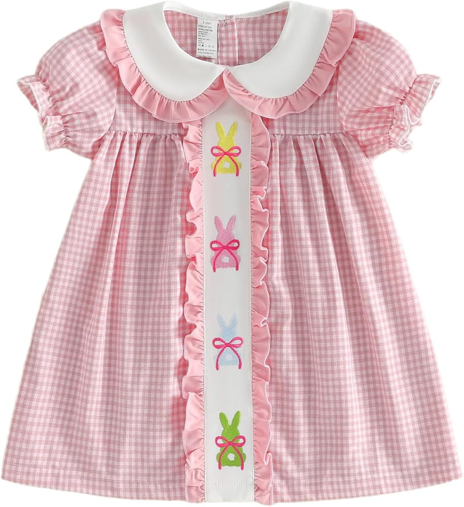 Toddler Baby Girl Easter Dress Bunny Embroidered Ruffle Dress Plaid Short Sleeve Princess Dress E... | Amazon (US)