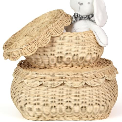2pcs Hand Woven Rattan Scallopped Baskets with Lid, Small Rattan Basket, Decorative Wicker Storage Baskets, Storage Basket for Living Room, Bathroom, Bedroom, Food, Bread, Picnic | Amazon (US)