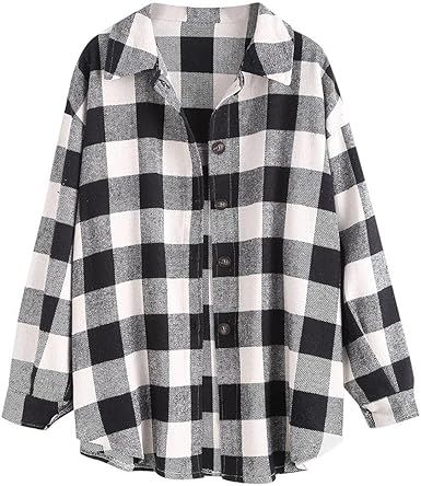 ZAFUL Women's Plaid Long Sleeve Shirt Button Down Wool Blend Thin Jacket Casual Blouse Tops with ... | Amazon (US)