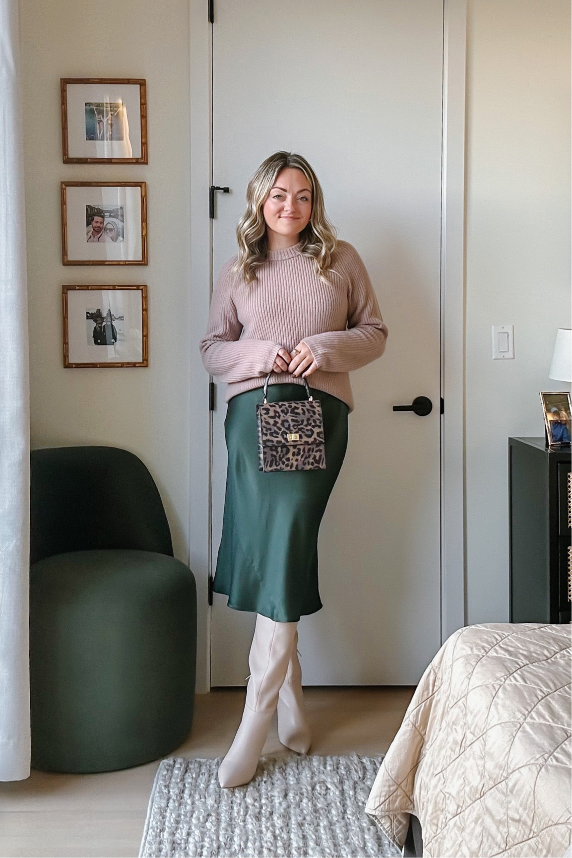 Quince Cashmere sweater — a lighter weight than the Jenni Kayne and a fraction of the price. Just as cozy and soft! Wearing a Medium, true to size.
Quince WASHABLE Silk Dress - also in a Medium, TTS
Leopard Saffiano Mini Bag — no scratches or scuffing. Cutest size, also comes with a crossbody strap.
Marc Fisher Knee Boots - the prettiest cream color with a hint of blush. True to size! Snug in the calf, FYI.

#LTKshoecrush #LTKstyletip #LTKSeasonal