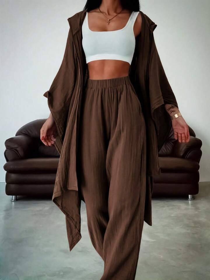 SHEIN LUNE 2pcs/Set Plus Size Casual Asymmetrical Hem Loose Hoodie Jacket And Pants Set | SHEIN