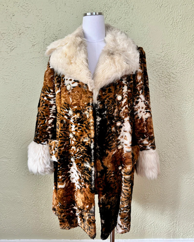 Vintage Late 1960s Brindled Vegan Faux Fur Mod Double Breasted Coat / Penny Lane Rock Star Style ... | Etsy (US)