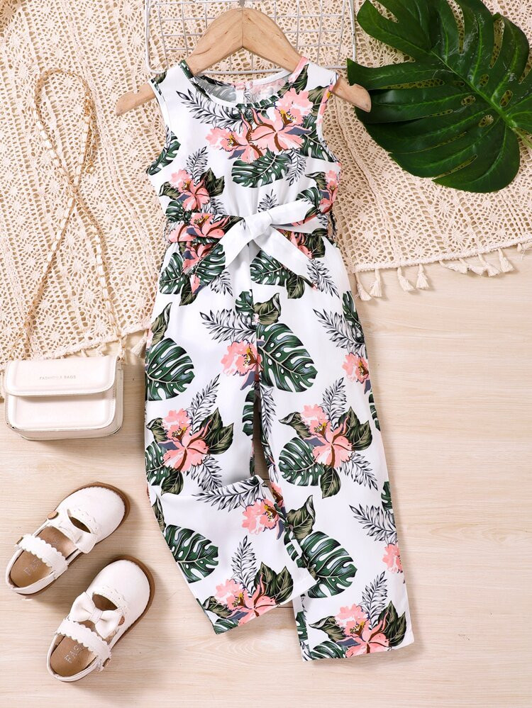 Toddler Girls Tropical Print Belted Tank Jumpsuit | SHEIN