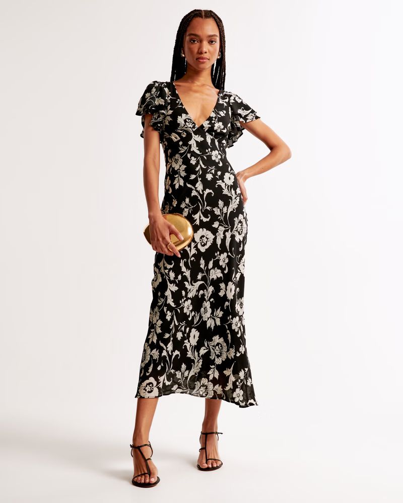 Ruffle Sleeve Slip Maxi Dress | Black Floral Dress | Black Maxi Dress | Abercrombie & Fitch (US)