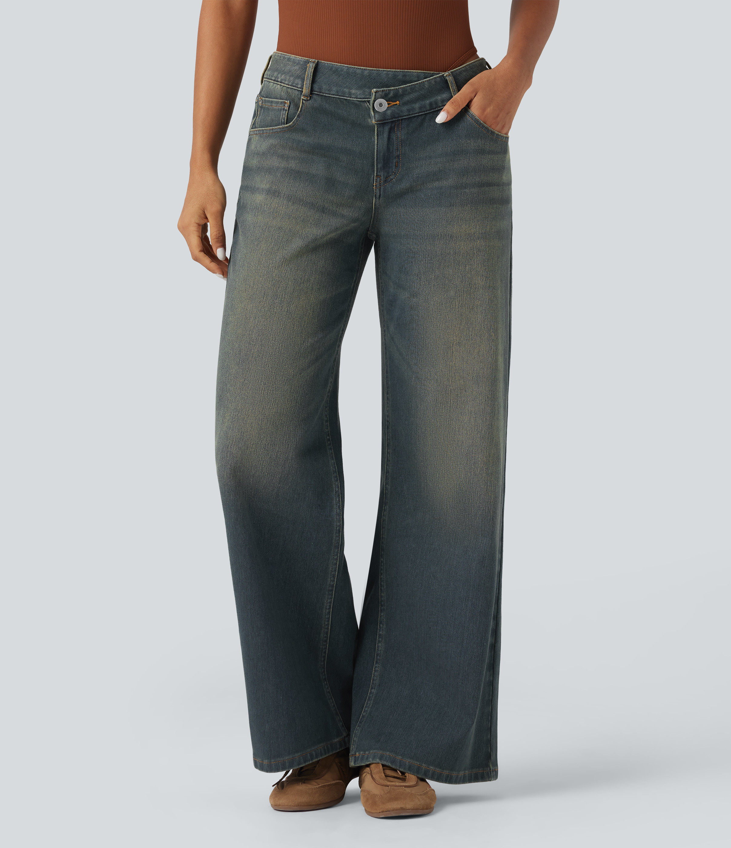 Halara Halara Flex™ Asymmetric Low Rise Zipper Pockets Baggy Wide Leg Washed Casual Jeans - Mottled Dark Blue Denim - XL(regular) | HALARA