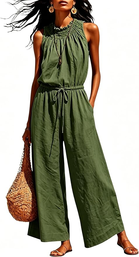 Women's Sleeveless Overalls Linen Blend Ruffle Collar Wide Leg Jumpsuit | Cotton Linen Jumpsuits ... | Amazon (US)