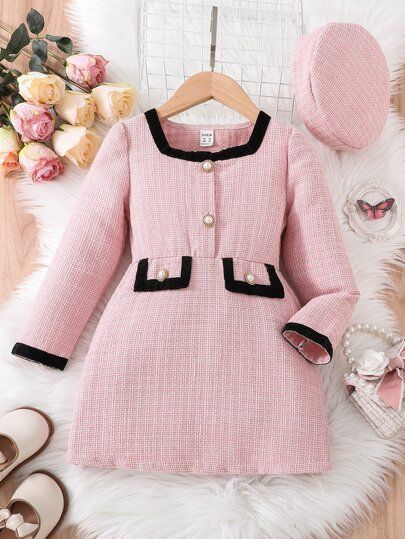 Toddler Girls Contrast Binding Flap Detail Pearls Button Dress & Hat SKU: sk2210101183263611(22 R... | SHEIN