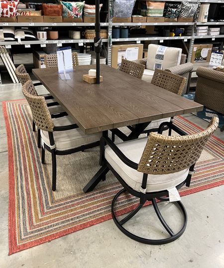 Obsessed with this dining table and these patio chairs! // outdoor patio set, patio dining set, patio furniture, patio chairs, outdoor dining set, outdoor rug, patio dining table, patio 

#LTKsalealert #LTKhome
 #LTKSeasonal 